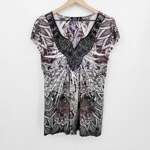 Apt 9 Rhinestone Embellished Paisley Top L Purple Black Lace Boho Y2K Whimsical